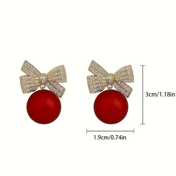 Pearl and Rhinestone Bow Stud Earrings Red - Picture 4 of 5